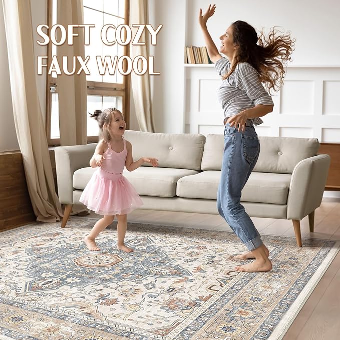 Square Rug 8x8 Living Room: Washable Boho Large Neutral Vintage Soft Rugs Stain Resistant Distressed Farmhouse Non-Slip Indoor Floor Carpet for Bedroom Nursery Kids Office Dining Room- Beige Blue
