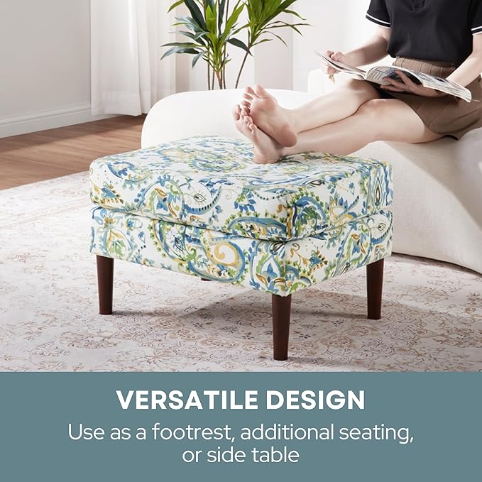 Convenience Concepts Designs4Comfort Marlow Ottoman 27" - Mid-Century Modern Upholstered Footrest & Seat for Living Room, Bedroom, Hallway, or Entryway, Paisley Fabric