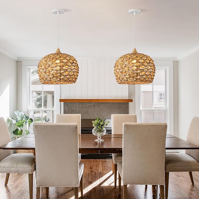 Boho Pendant Lights, 15.7" 1-Light Rattan Chandelier Hand-Woven Wicker Pendant Light with Water Hyacinth Shade, Coastal Dome Hanging Light for Dining Room Kitchen Island