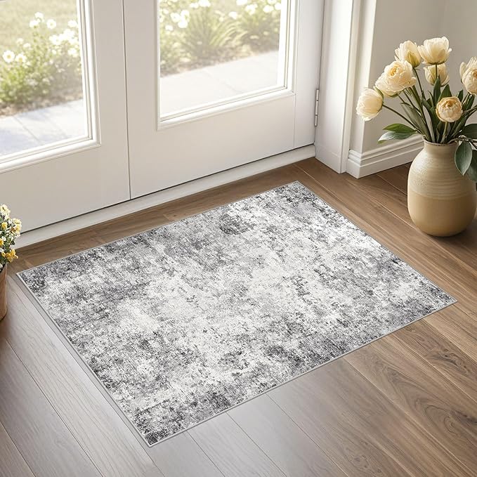 UERMEI 2x3 Entryway Area Rug: Washable Neutral Modern Abstract Small Rug - Non-Slip Low Pile Throw Indoor Carpet for Entrance Kitchen Front Door Mat Bathroom Entry Kids Room - Grey