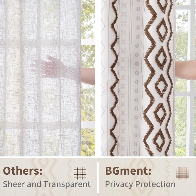 BGment Taupe Boho Curtains with Tufted Pom Stripe, Linen Jacquard Geometric Pattern with Grommet for Bedroom Living Room Light Filtering, 2 Panels Set, 52 X 90 Inch