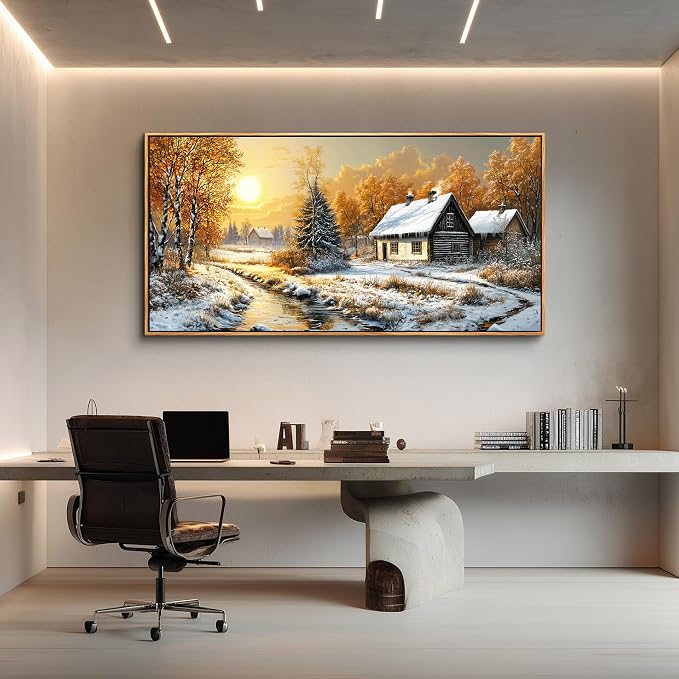 XIGUANGART Snow Landscape Wall Art Framed,Large Canavs Wall Art,Forest Pictures Bedroom,Lake Paintings,Cottage Artwork for Walls,Vintage Rustic Farmhouse Art Prints for Living Room Kitchen,60"x30"