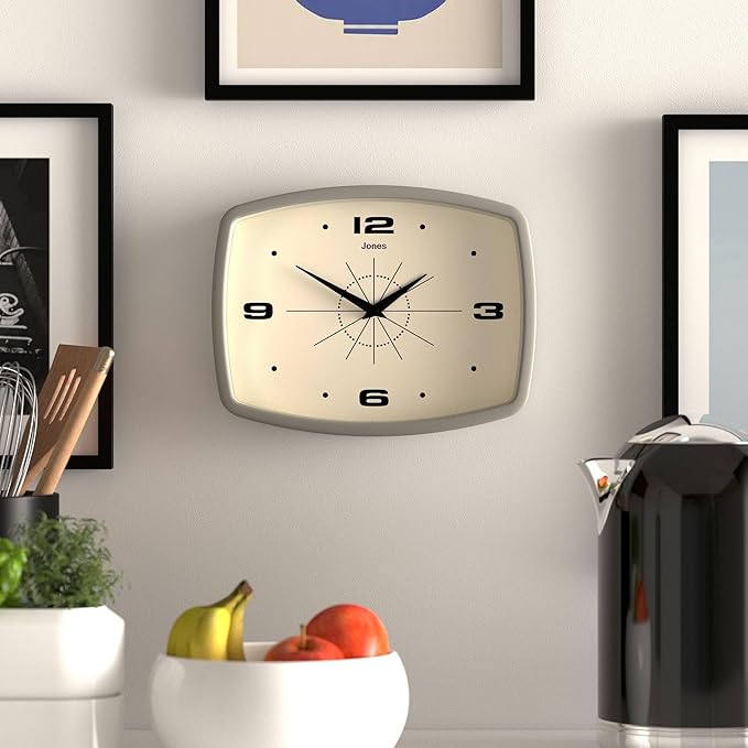 JONES CLOCKS® Movie wall Clock | Retro Rectangular Clock | 10 inch | Gray | Cool mid-Century Designer Look for Kitchen, Living Room or Office