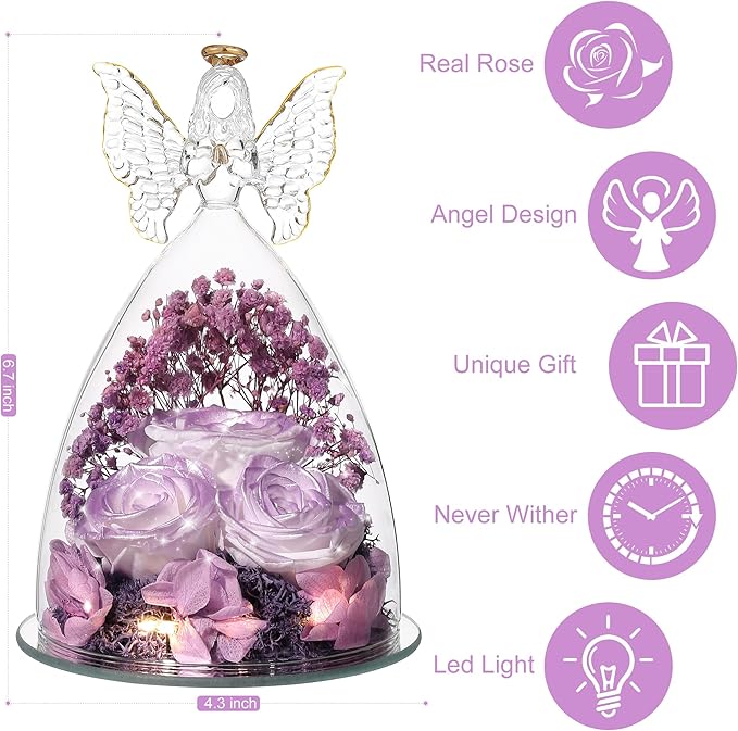 Mothers Day Rose Gifts for Women Preserved Real Flower in Glass Angel Figurines Roses for Delivery Prime Birthday Gifts for Mom Grandma Girlfriend Wife Her, Pearlescent Purple