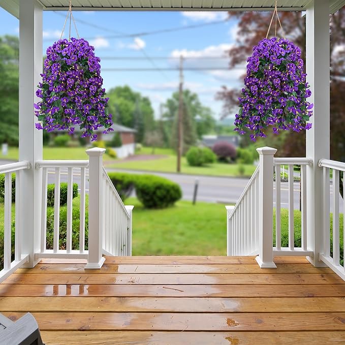Sggvecsy Artificial Fake Hanging Flowers Plants for Outdoor Outside Spring Summer Decoration 2PCS Faux Silk UV Resistant Realistic Morning Glory Trailing Vines for Home Porch Patio Balcony(Purple)