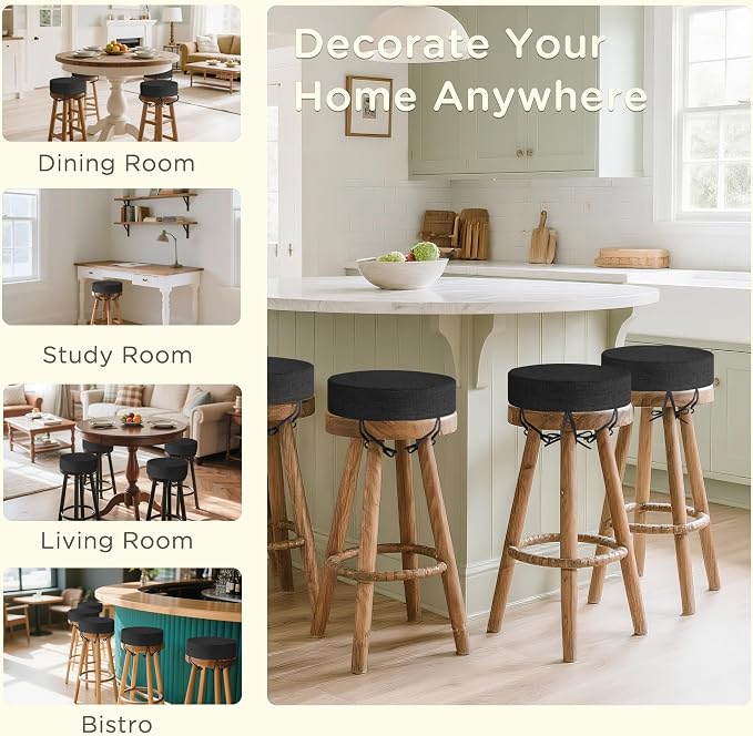 Bar Stool Cushions Round 3" Thick Round Seat Cushions for Chairs 2 Pack Non Slip Bistro Chair Pads with Machine Washable Cover (12 Inch, Black)