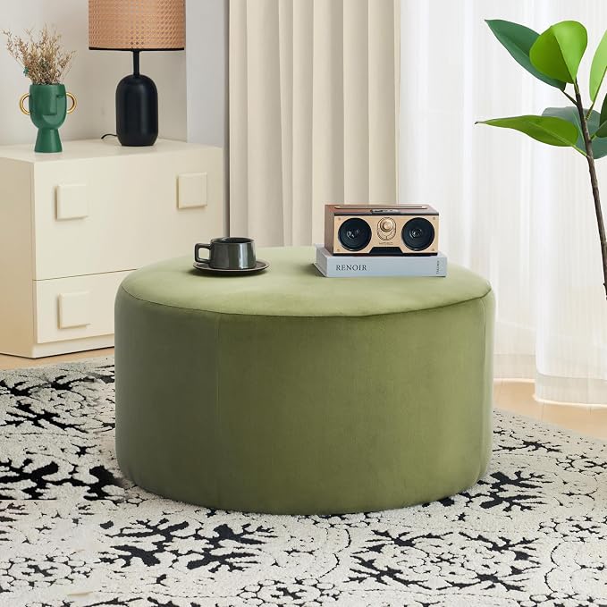 Christopher Knight Home 30"Ottoman Foot Stool Round, Velvet Pouf Footstool Ottoman Seat, Upholstery Foot Chair, Round Footrest Chair, Modern Side Table for Living Room Bedroom Home Decor, Olive Green
