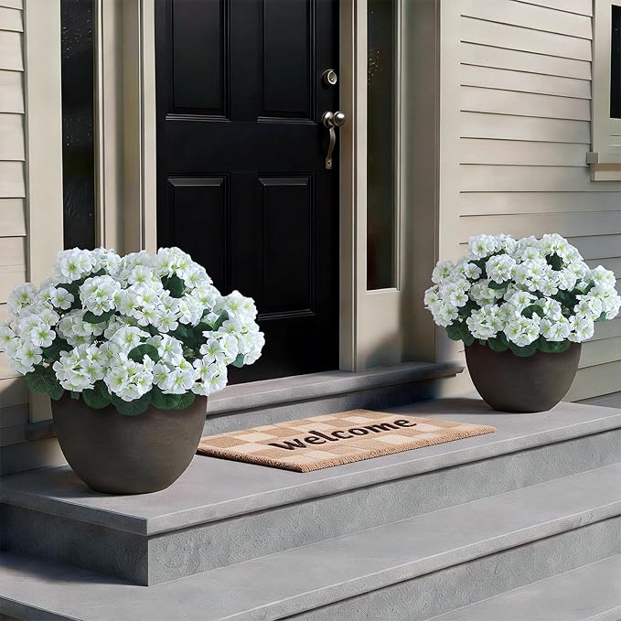 GLIDLION 24 Bundles Artificial Geranium Flowers for Spring Summer Decor, UV-Resistant Fake Plants Realistic Faux Silk Bouquets for Front Door Farmhouse Garden Porch Home Outdoor Decor (White)