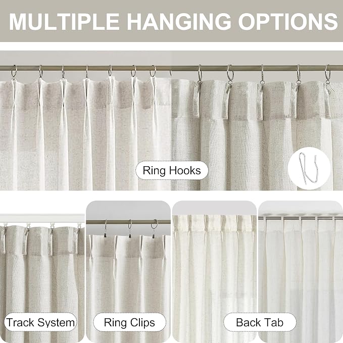 Vision Home Natural Pinch Pleated Sheer Curtains 90 Inches Soft Linen Textured Modern Rustic Light Filtering Drapes,Window Treatment Panels with Hooks & Back Tab for Living Room Bedroom, 40" Wx90 Lx2