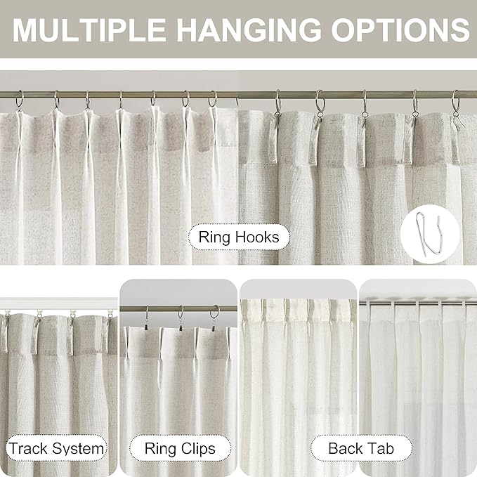 Vision Home Natural Pinch Pleated Sheer Curtains 108 inches Soft Cotton Feel Farmhouse Rustic Light Filtering Drapes,Window Treatment Panels with Hooks & Back Tab for Living Room Bedroom, 40"Wx108"Lx2