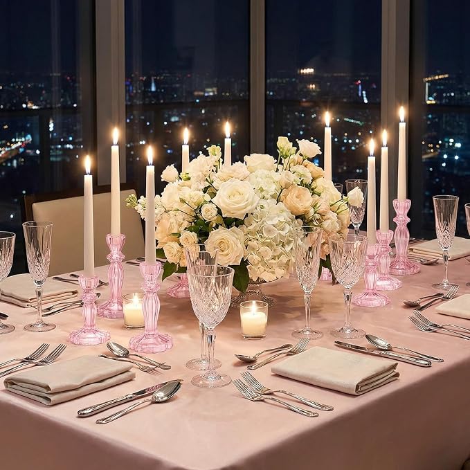 24 Pack Glass Candlestick Holders Set 4.3/6.1'' Taper Stripe Candle Holder Bulk Floral Shape Crystal Decorative Candle Stand Centerpiece for Table Wedding Dining (Pink)