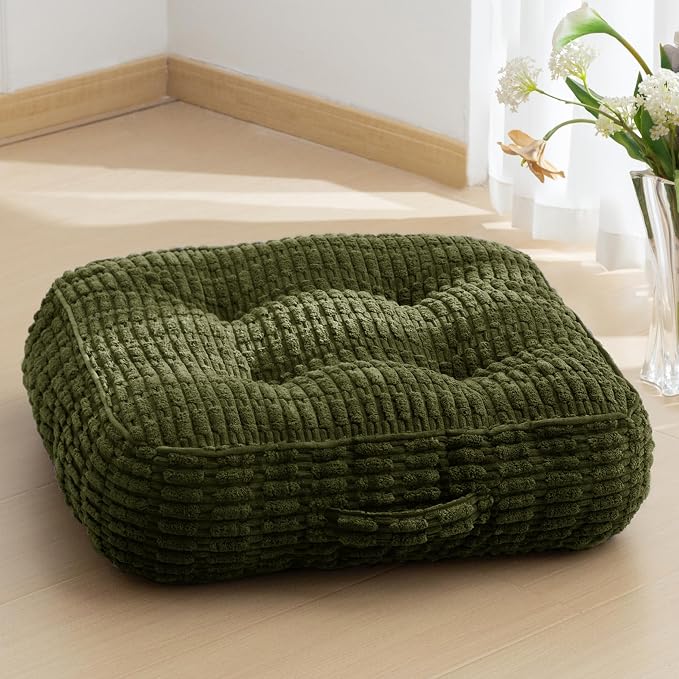 HIGOGOGO 6" Floor Pillow Cushion for Adults, Meditation Cushion Pillow, Blended Corduroy Cover, Large Square Floor Sitting for Tatami Living Room or Yoga, 22x22 Inch, Dark Green