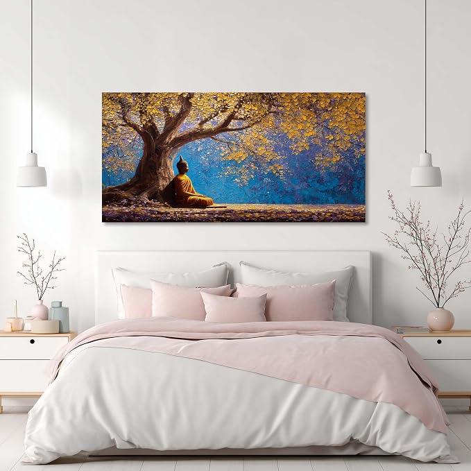 Ggaafet Gold Buddha Wall Art for Living Room Canvas Painting Prints Golden Tree Buda Calming Buddhist Art Deco Fantasy Artwork Office Bedroom Listening Dining Room Decor Extra Large