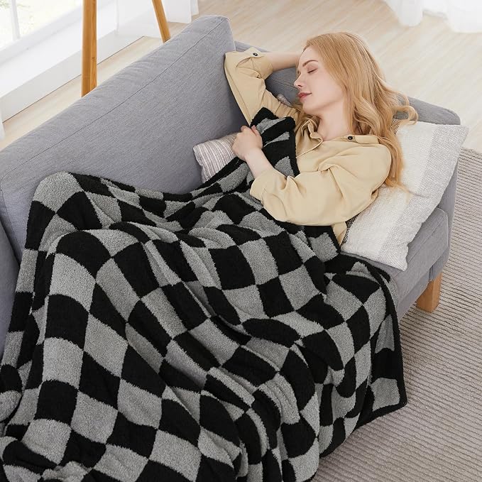 WRENSONGE Soft Twin Size Checkered Blanket for Bed-Cozy Knitted Blankets | Lightweight Fluffy Warm Decor for Women, Mom, Her & Girls, Sofa, Chair, Couch, 60x80in, Black Grey