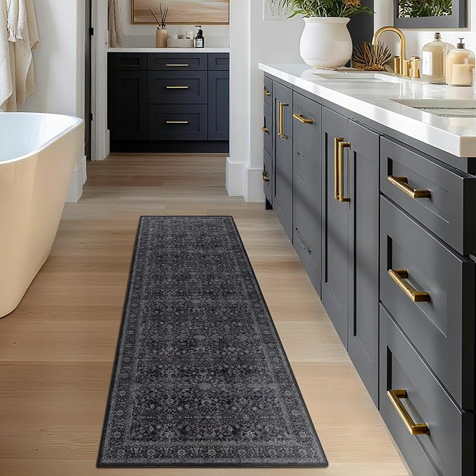 Dark 2x6 Runner Rug for Hallways Entryway, Vintage Earth Tone Kitchen Bathroom Runner 6ft, Non Slip Washable Low Pile Thin Carpet Runner for Mudroom/Laundry Room/Bedroom Bedside, Midnight