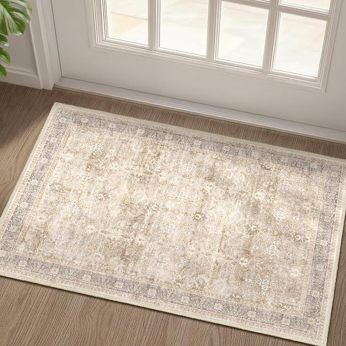 Beige Entryway Rug Indoor, 2x3 Small Door Rugs for Entry Way/Kitchen/Bathroom, Washable Non Slip Low Pile Thin Door Mat Indoor Entrance, Vintage Neutral Earth Tone Rug with Decorative Fringe