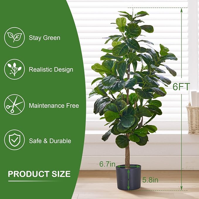 VECELO 6FT Artificial Fiddle Leaf Fig Tree Indoor Outdoor Decor | 71 Inch Tall Fake Floor Plant, 150 Realistic Leaves, Silk Ficus Lyrata in Plastic Pot, Low Maintenance Indoor Corner Decor