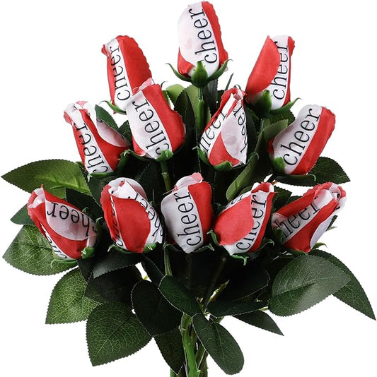 Suhine 12 Pcs Red Cheer Gifts Cheerleader Cheerleading Artificial Rose Flowers Gifts Bulk for Women Cheer Team Sport Game Day Birthday Graduation Party Decorations Favors (Red White, Normal)