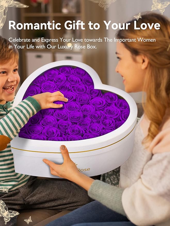 Eterfield 47 Forever Flowers in Heart Shape Box, Preserved Roses That Last a Year Preserved Flowers Birthday Gifts for Her Mom Women Wife Anniversary Valentines Day Mothers Day Christmas, Purple