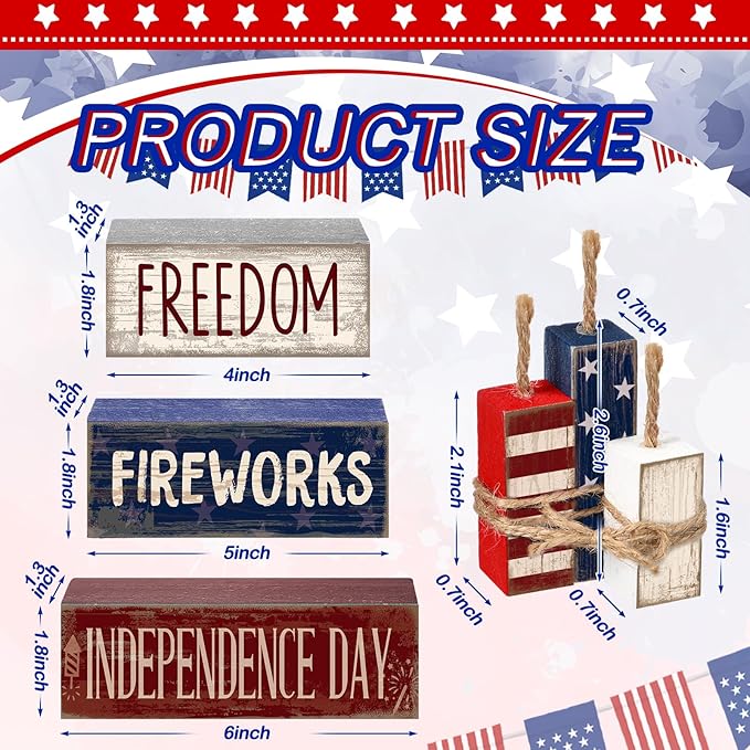 CroBlissful 4 Pcs 4th of July Decorations Patriotic Memorial Day Tabletop Decorations Red White Blue Table Centerpieces Sign for Office Tiered Tray Home Shelf 250th Anniversary(Patriotic)