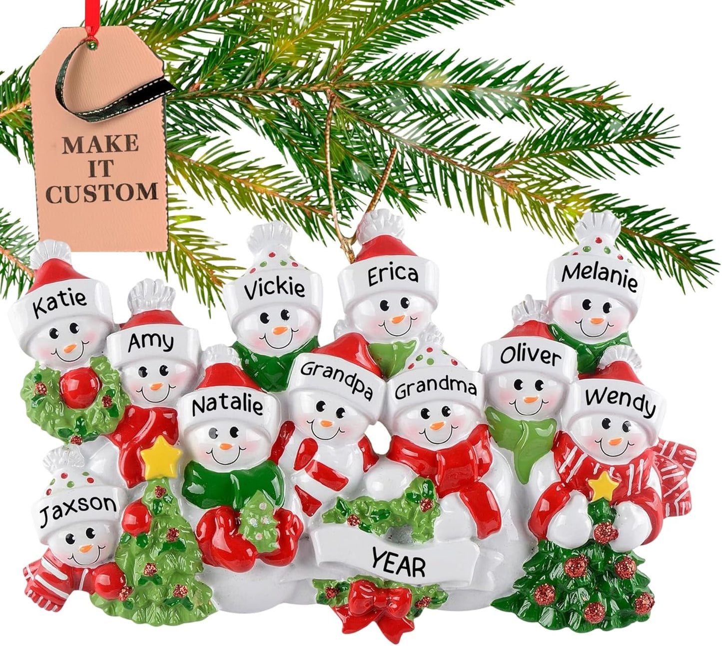 Personalized Large Family of 11 Ornament 2025 | Free 24h Customization | Laser Engraved Snowman Christmas Ornaments for Tree | Custom Gift Wrapped Festive Holiday Keepsake for Eleven Persons