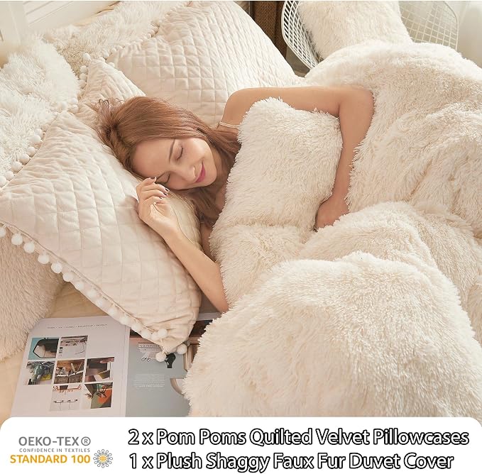 LIFEREVO Luxury Plush Shaggy Duvet Cover Set, Soft Velvet Fluffy Furry Duvet Cover Set(1 Faux Fur Fuzzy Comforter Cover + 2 Pompoms Pillow Cases) Bedding Set, Zipper Closure(Full/Queen, Light Beige)