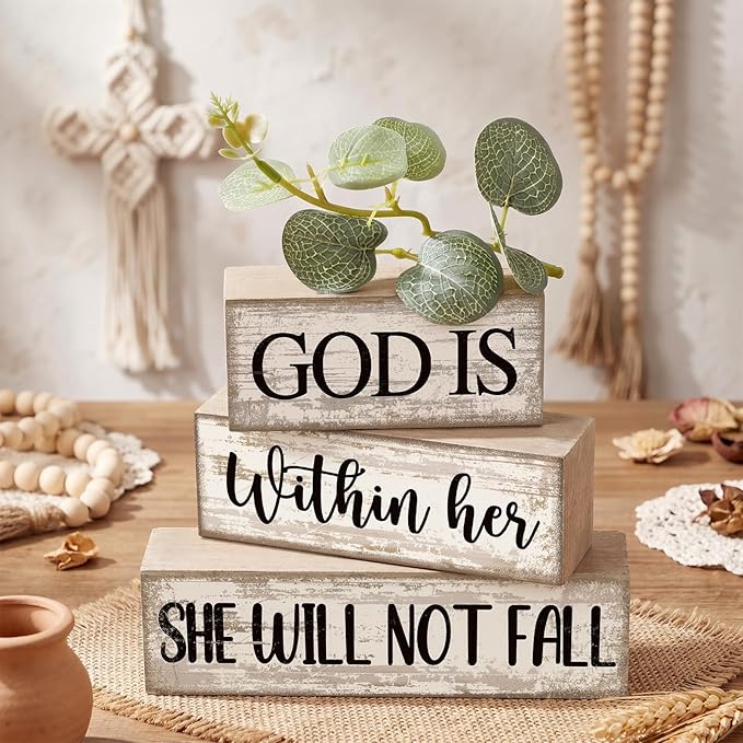 Lineshading 4 Pcs Christian Table Decor Inspirational Religious Gifts for Women God Is Within Her Bible Verse Wooden Block Signs Gift Farmhouse Christian Centerpiece for Mother's Day Home & Office