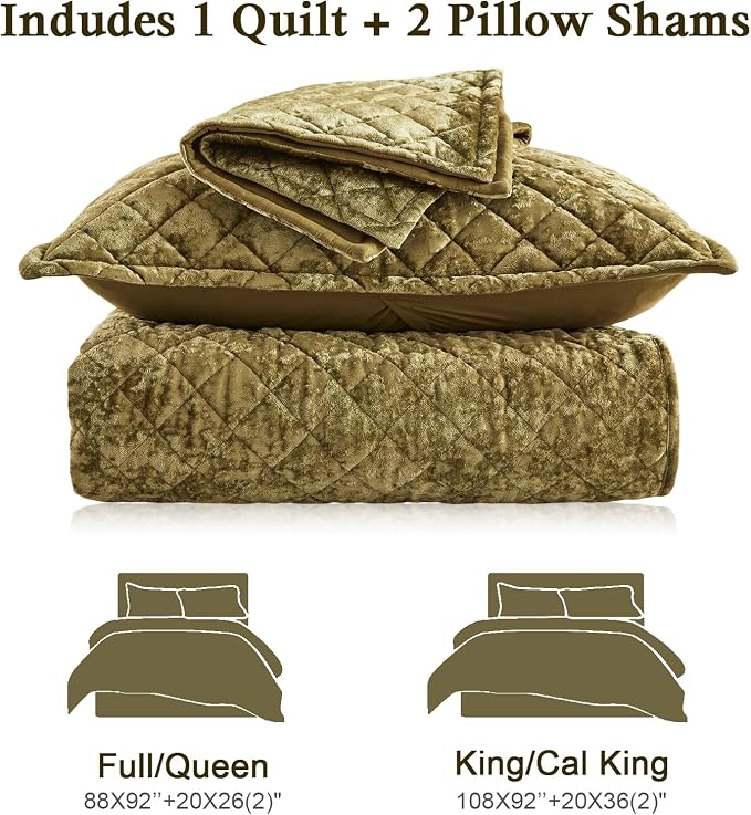 Cosybay Luxury Velvet Quilt Set Queen, Lightweight Oversized Bedspread Coverlet Quilted Box Stitch Bedding Set, with 2 Matching Pillow Shams, for All Season, Olive Green