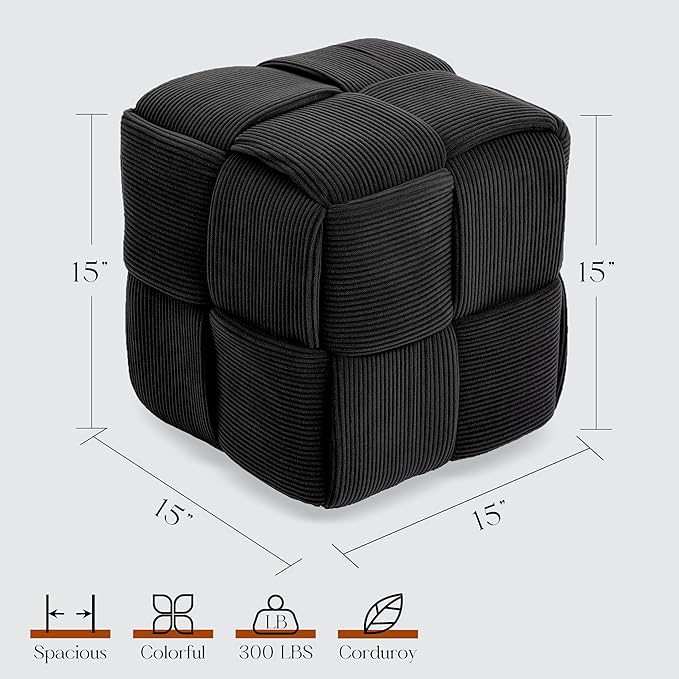 Cmishe 15" Square Woven Corduroy Ottoman Footrest - Modern Vanity Stool for Living Room & Entryway, Eco-Friendly Wood Frame, No Assembly (Black)