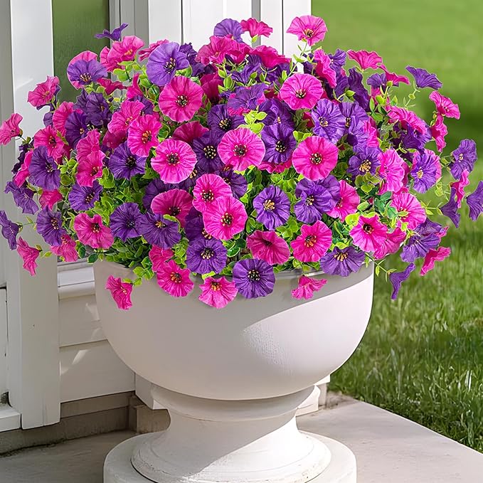 Hrobek Artificial Flowers for Outdoors, 12 Bundles Fake Plastic Flower Plant, UV Resistant Faux Colorful Silk Morning Glory Petunias for Spring Summer Outside Garden Porch Front Door Decor, Purple