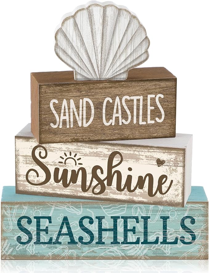 Yuntau 4 Pcs Summer Decorations for Home Shells Wooden Tabletop Decor Summer Tiered Tray Decor Rustic Wood Block Sign Gift Centerpiece Farmhouse Table for Shelf Office
