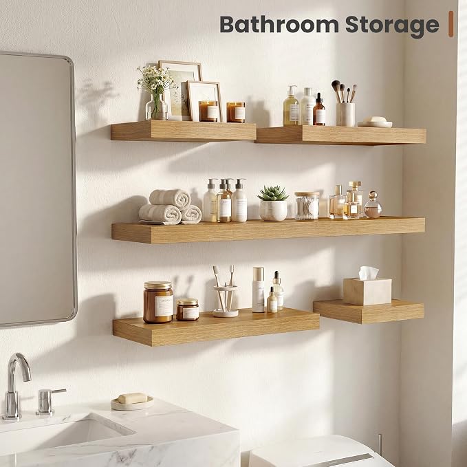 Vivelove 12 Inch Deep Floating Shelves 24 inch Long, 24 x 12 Wide Display Shelves with Invisible Brackets, Shelf for Bedroom Bathroom Living Room Office Home, Modern Shelf Set of 2, Oak