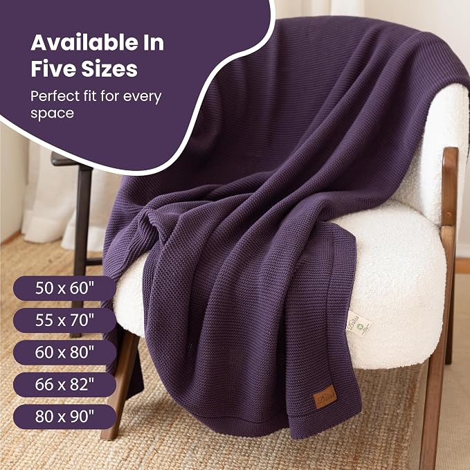 Dalisa 100% Organic Turkish Cotton Throw Blanket - GOTS Certified, Cozy - Perfect for Couch, Bed, and Home Decor - Boho Vintage Knit Alina (Sweet Grape, 60x80)
