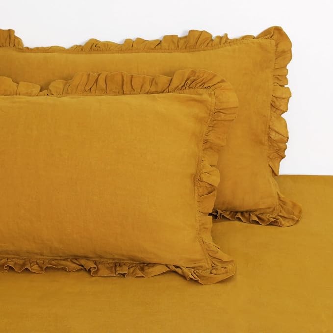 Linen Ruffled Pillow Cases,100% French Natural Linen Pillowcase Set of 2,Decorative Boho Pillow Cases Ruffle Bedding King Size (20''x40''),Yellow