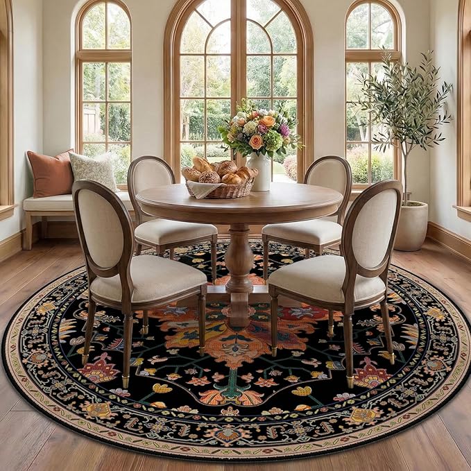 RELEANY Area Rugs 7ft Washable Non-Slip, Floral Vintage Distress Print Pattern Medallion Carpet for Living Room Bedroom Dining Room, Black Colorful Floral Dark Tan