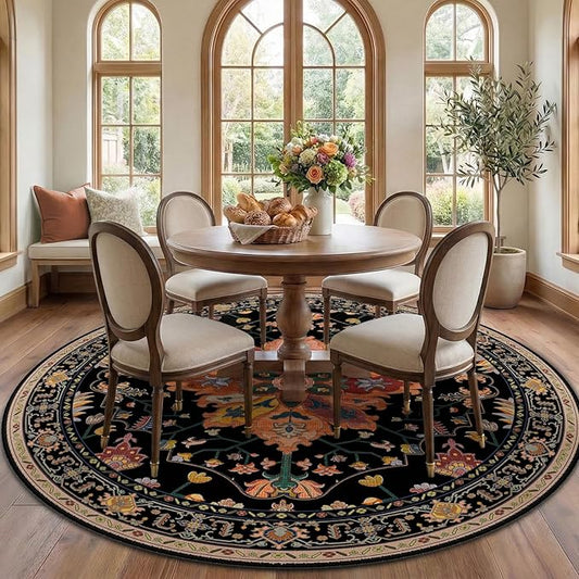RELEANY Area Rugs 7ft Washable Non-Slip, Floral Vintage Distress Print Pattern Medallion Carpet for Living Room Bedroom Dining Room, Black Colorful Floral Dark Tan