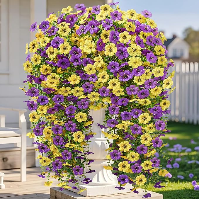 Artificial Hanging Flowers for Outdoors Spring Summer Decoration, 8PCS UV Resistant Silk Fake Hanging Plants for Patio Porch Front Yard Window Garden Indoor Decor(Purple&Yellow,8PCS)