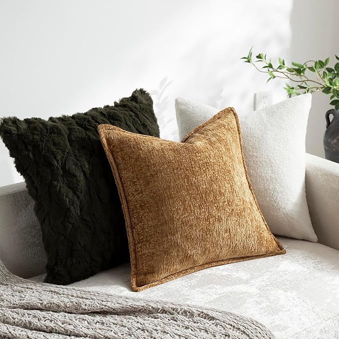 DEZENE Pack of 2 Golden Brown Euro Shams Pillow Covers 26x26 Cozy Soft Chenille Decorative Throw Pillow Covers Accent Vintage Square Couch Pillow Covers for Home Decor Bed Sofa Living Room