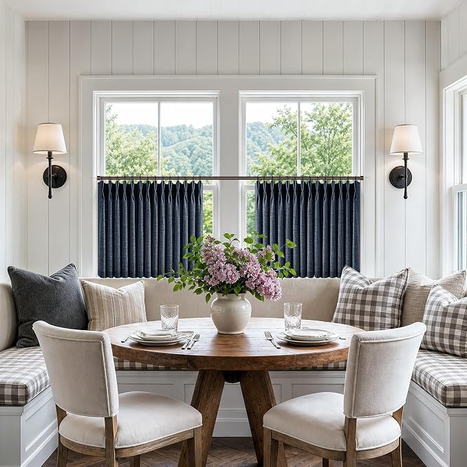 Short Pinch Pleated Curtains 24 Inch Length Navy Blue Modern Light Filtering Thick Linen Small Window Curtain for Kitchen Dining Room Aesthetic Semi Sheer Privacy Back Tab Pleat Drapes 24 Inches Long