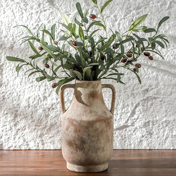Mitt&Ditt Ceramic Flower Vase, Farmhouse Rustic Vase, Handcrafted Weathered Pottery Vases, Terracotta Vases for Home Decor, Living Room, Table, Shelf