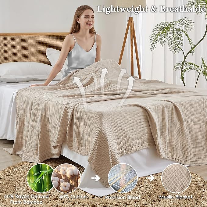 David's Home Soft Muslin Blanket Throw Size for Adults, 60% Rayon 40% Cotton, Breathable Lightweight Cooling Blanket for Hot Sleepers, 4-Layer Cozy Gauze for Bed, 50"x60", Light Tan/Oat Milk