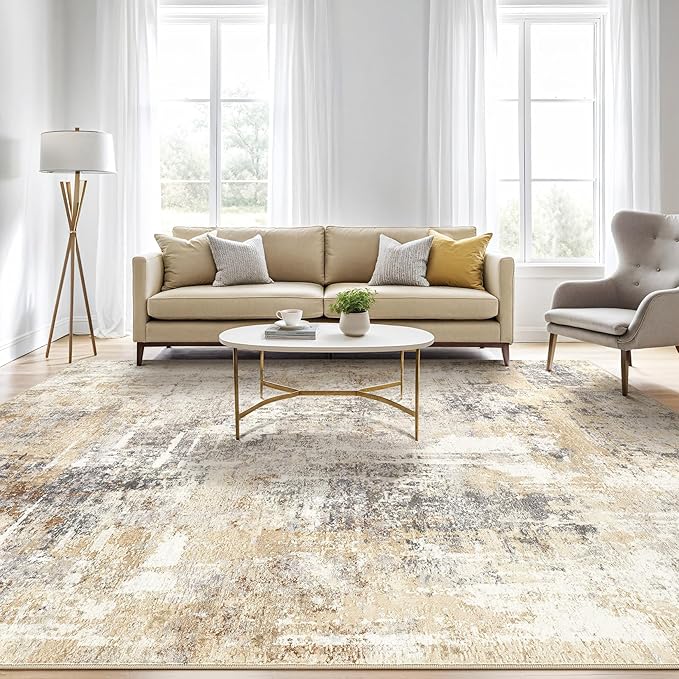 4x6 Rug Washable Area Rugs: Abstract Modern Soft Stain Resistant Indoor Floor Accent Non Slip Carpet for Living Room Entryway Kitchen Bedroom Nursery Office Bedside Home House Decor- Gray Gold