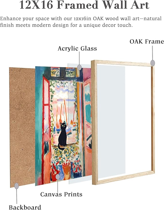UPWOIGH Matisse Inspired The Open Window Wall Art with Black Cat, Red Window Canvas Print, Beige Oak Wood Framed 12x16 Inch Decor