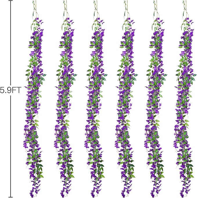 Sggvecsy 6Pcs Wisteria Garland Artificial Flowers Garland Fake Hanging Wisteria Vines Rattan Silk Hanging Flower Vines for Home Garden Outdoor Wedding Arch Party Ceremony Total 35.4Ft (Purple)