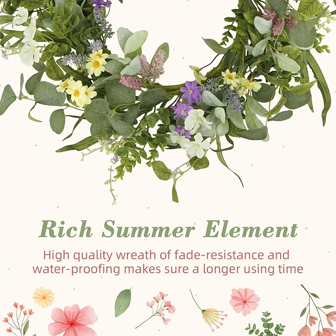 YNYLCHMX 18" Spring Summer Wreaths for Front Door, Artificial Floral Wreath with Multi-Colored Flower & Green Eucalyptus Leaves, Green Foliage Wreath for Wall Window Farmhouse Party Holiday Home Decor