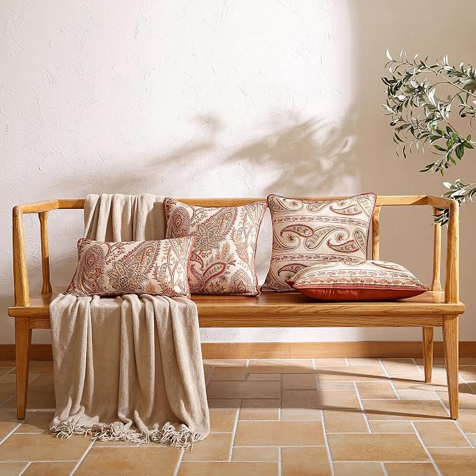 ISAENNE Vintage Linen Throw Pillow Cover,Set of 2,18"x18"-Chauffrey A | Designer Elegant Square Pillow Cover,Concealed Zipper Design,Cashew Pattern,Sofa,Bedroom,Living Room,Lounge Chairs