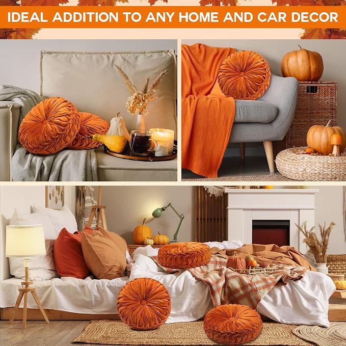 Beeveer 2 Pcs Round Throw Pillows 15 Inch Decorative Velvet Pleated Pumpkin Pillows Boho Floor Pillow with Center Button for Living Room Couch Chair Bed Sofa Home Decoration (Orange)