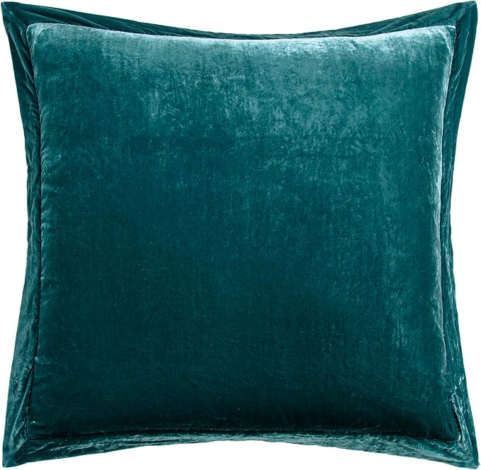 HiEnd Accents Stella Faux Silk Velvet Flanged Euro Sham Pillow Cover, 27x27 inch, Teal, Romantic Western Modern Traditional Style Luxury Bedding