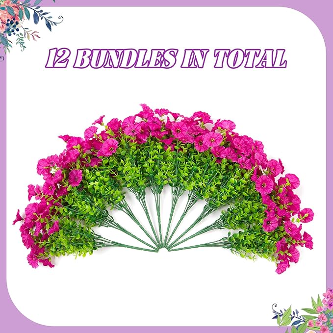 Hrobek Artificial Flowers for Outdoors Decoration, 12 Bundles Fake Plastic Flower Plant, Faux Colorful Silk Morning Glory Eucalyptus for Outside Garden Porch Front Door Decor, Purple