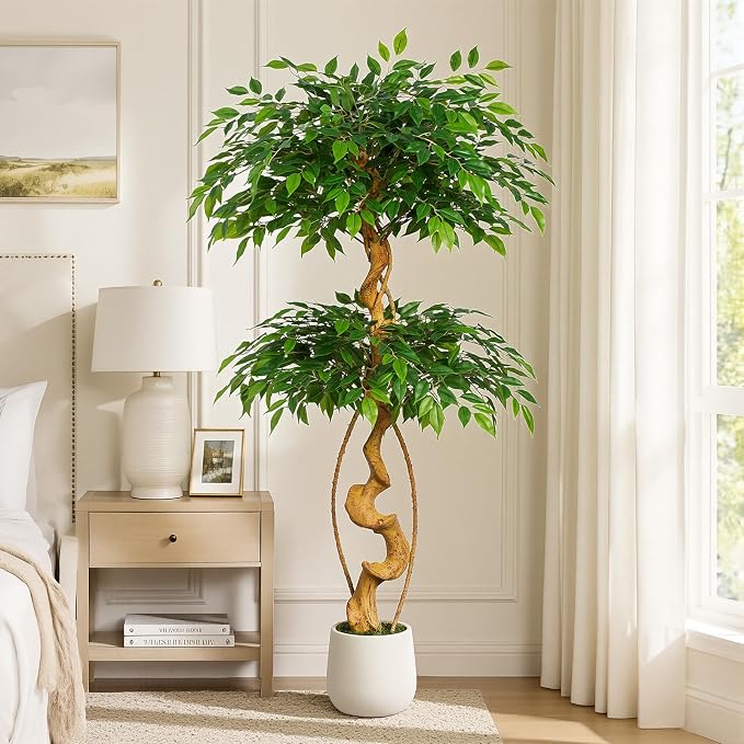5FT Artificial Ficus Tree, 60in Fake Silk Tree with Natural Curved Trunk & 1488 Lush Leaves, Floor Faux Plant with White Pot, Low Maintenance Decor for Home, Office, Patio